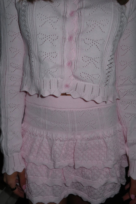 Sweet Thing Light Pink Pointelle Scalloped Cardigan Sweater Skirt Set