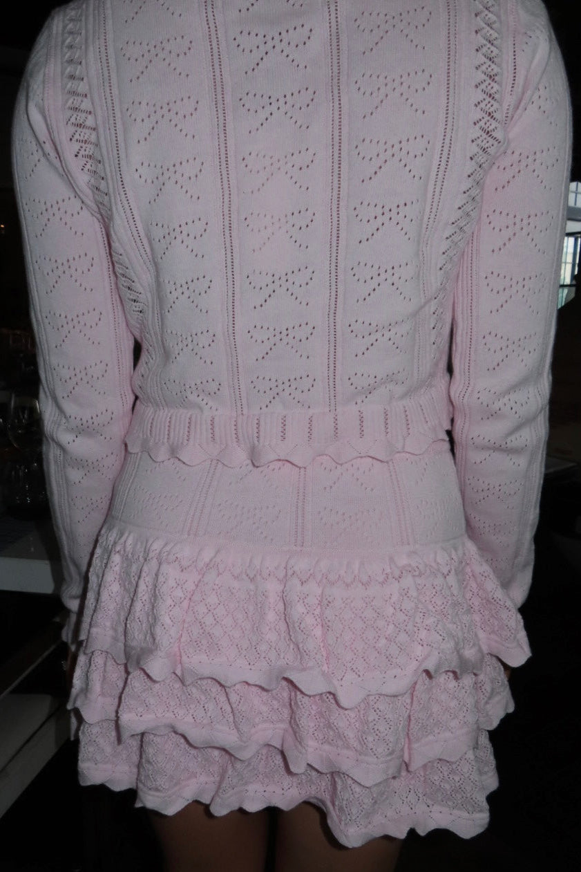 Sweet Thing Light Pink Pointelle Scalloped Cardigan Sweater Skirt Set