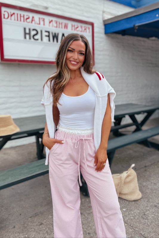 Hamptons Red and White Pin Strip Lace Trim Elastic Pants