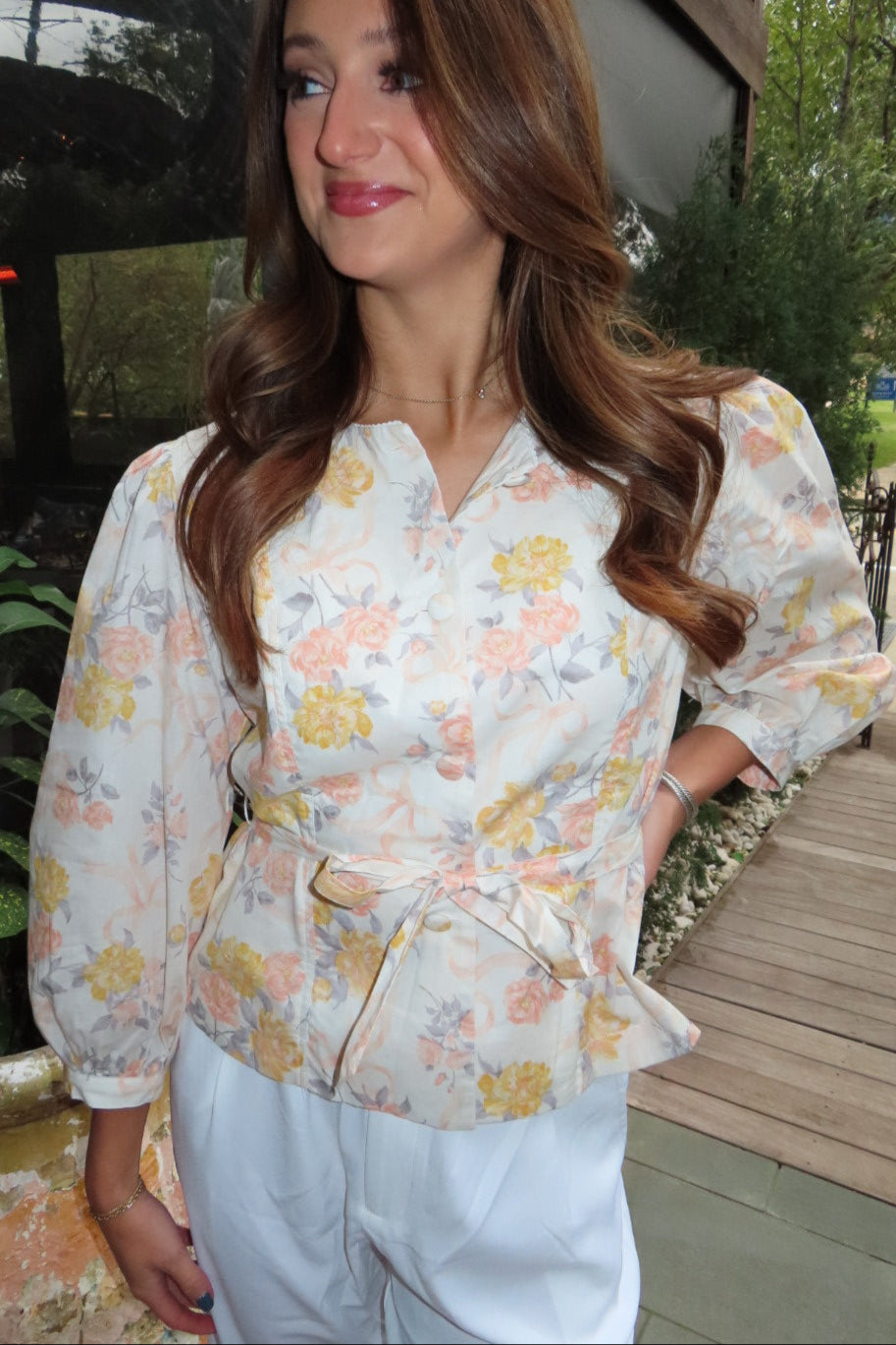 Anna Button Down Waist Tie Floral Top