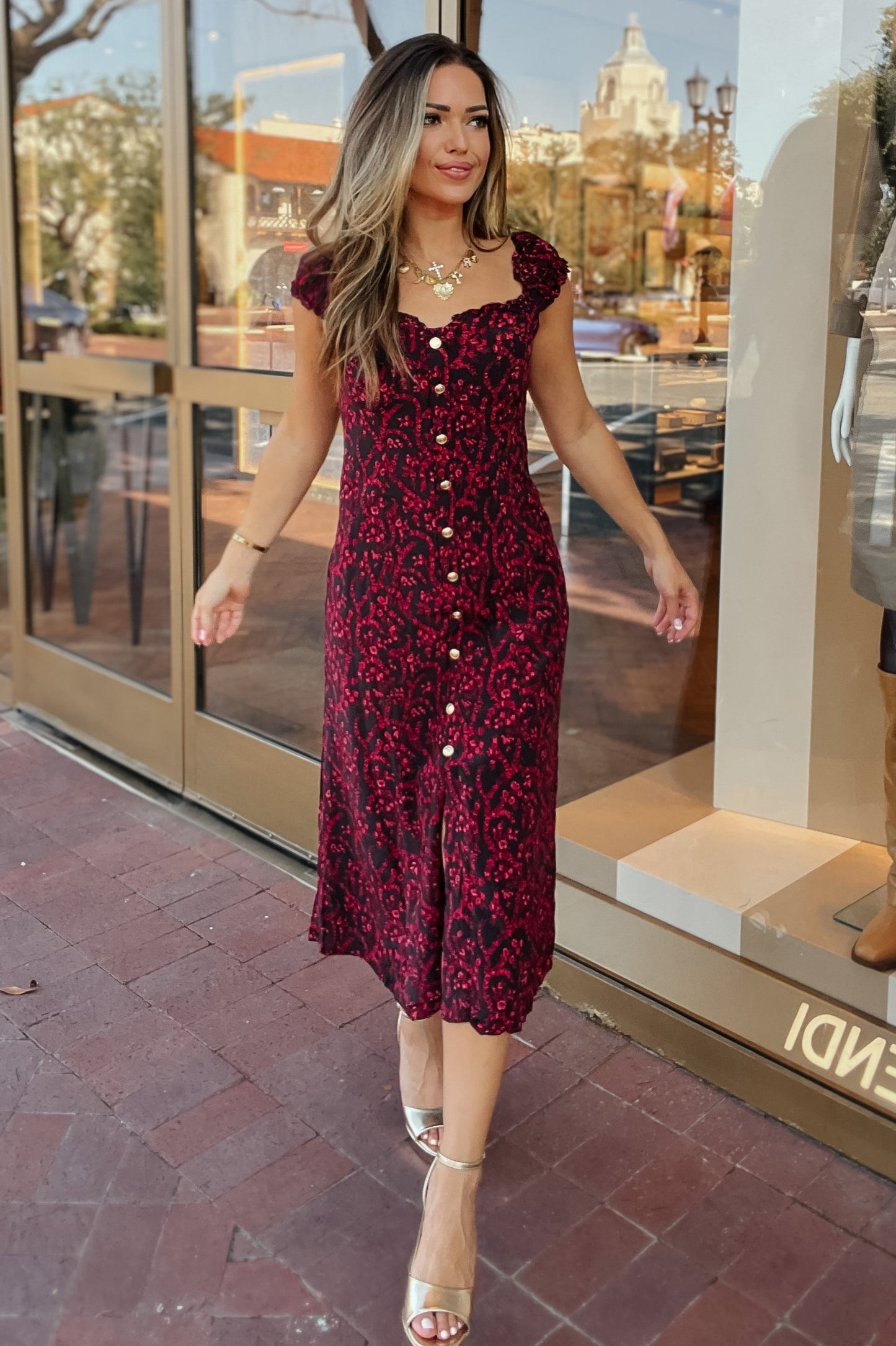 Charlotte Red and Black Floral Button-Down Midi Dress