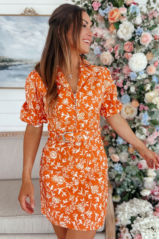 Brittney Orange Floral Denim Puff Sleeve Dress