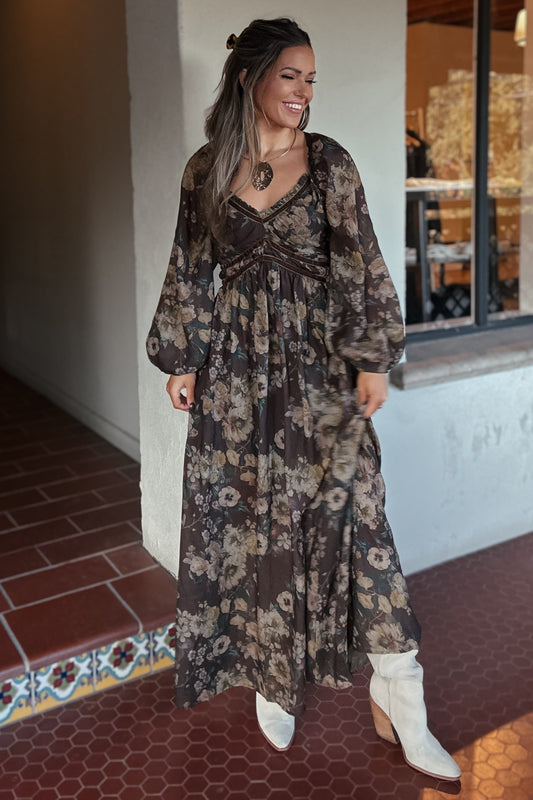 Caroline Chocolate Brown Floral Maxi Dress