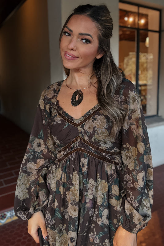 Caroline Chocolate Brown Floral Maxi Dress