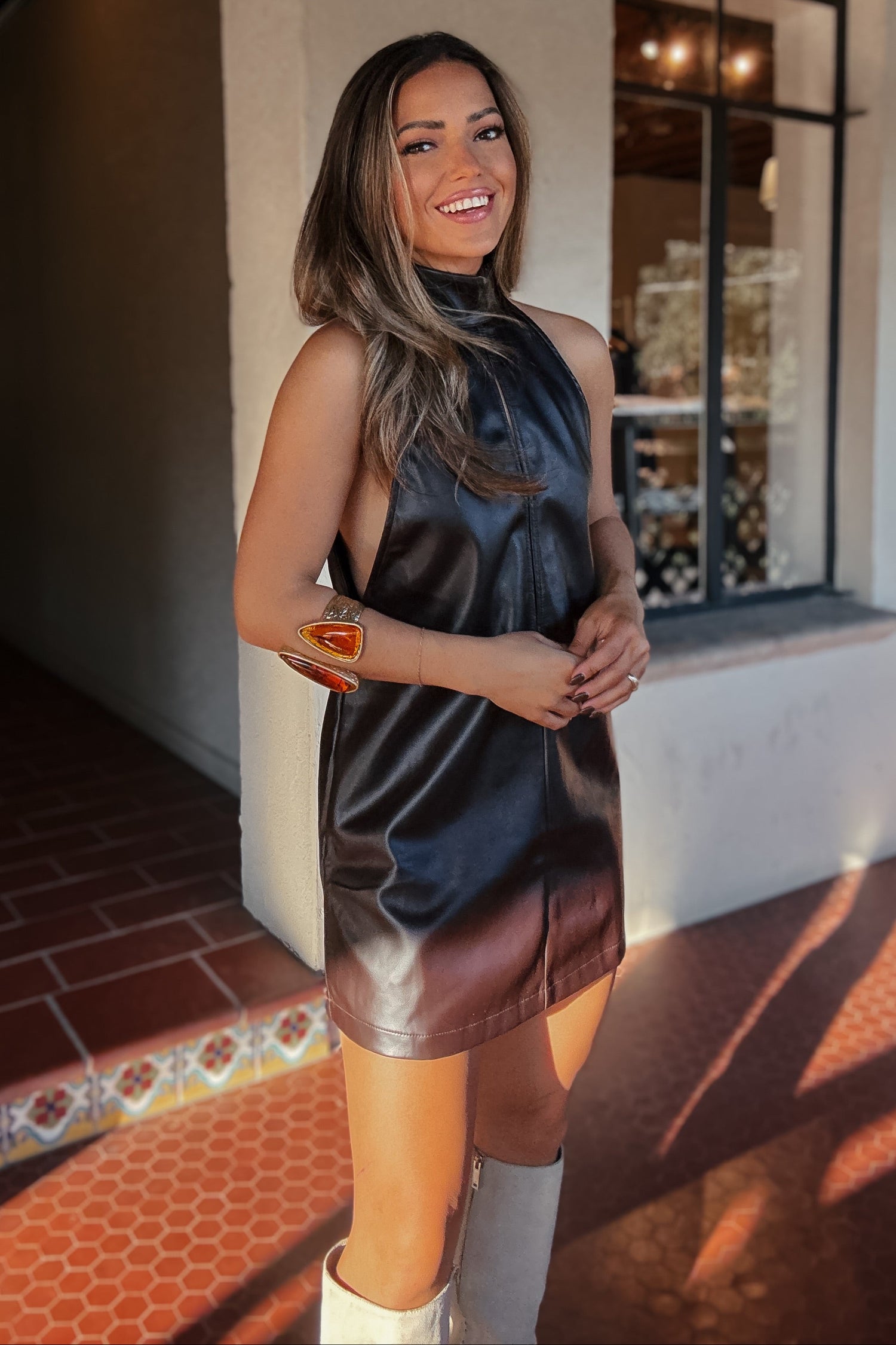 Sloane Chocolate Brown Faux Leather Halter Mini Dress Sloane Chocolate Brown Faux Leather Halter Mini Dress
