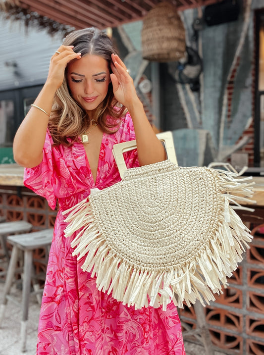 Straw Braided Raffia Fringe Bag | Beige