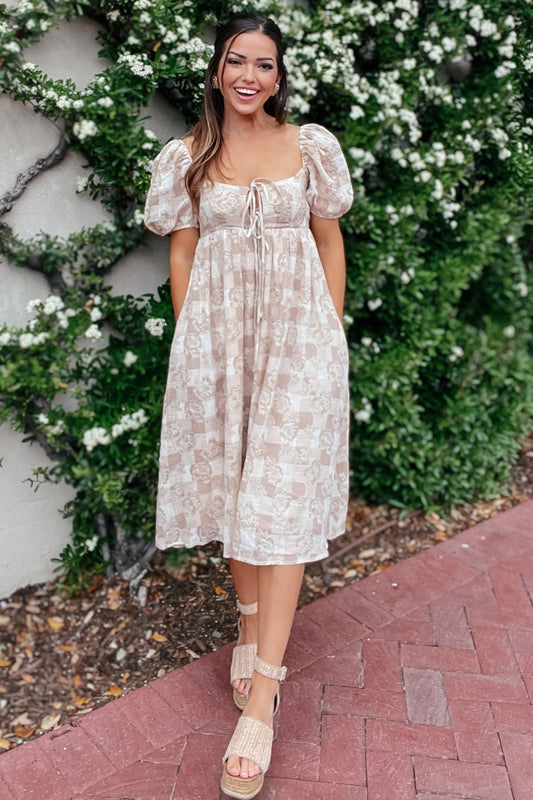Julie Taupe Gingham Babydoll Midi Dress