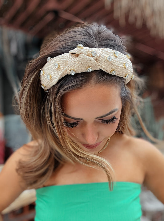 Raffia Rhinestone Headband | Beige