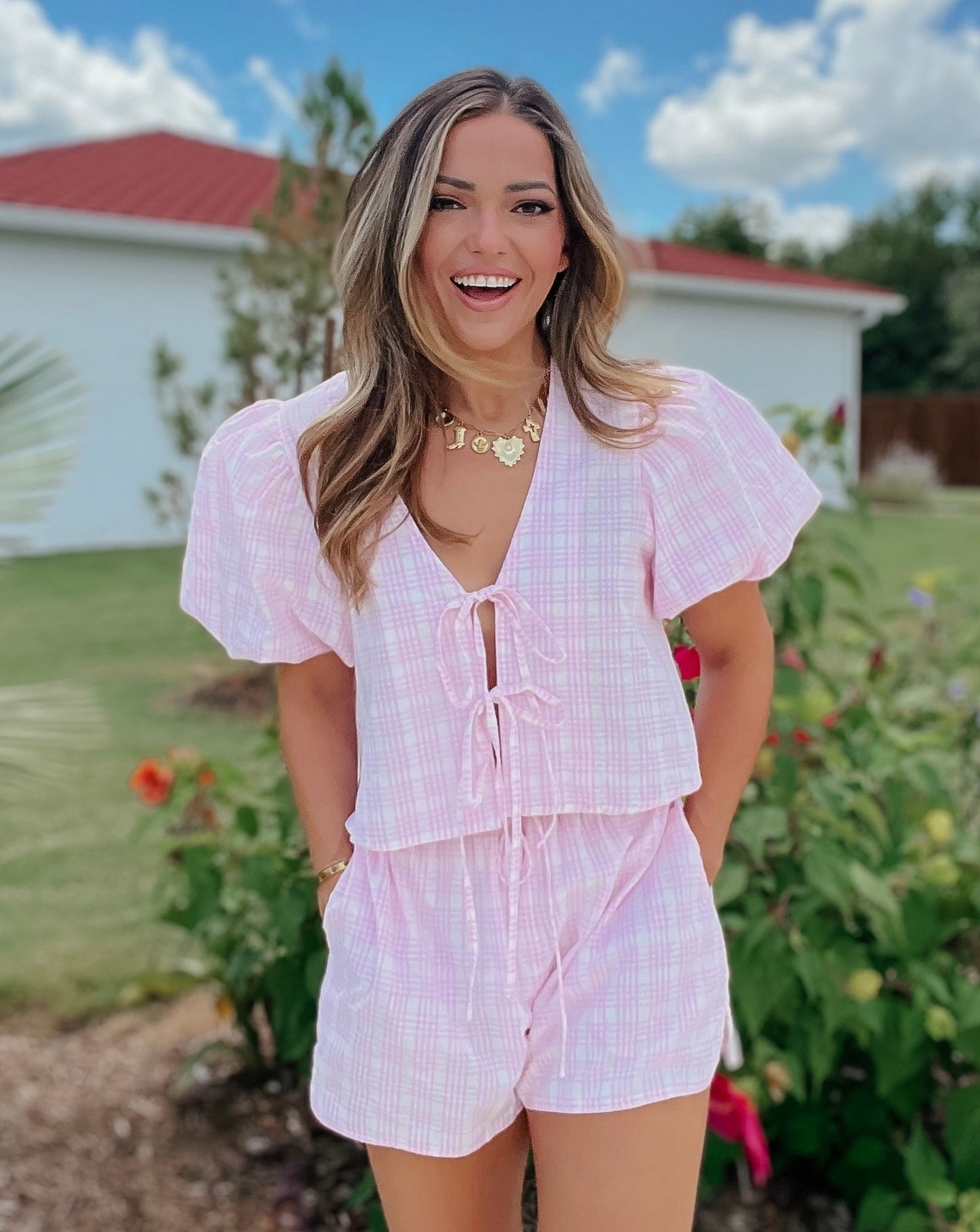 Berkleigh Pink Plaid Bow-Tie Top and Short Set