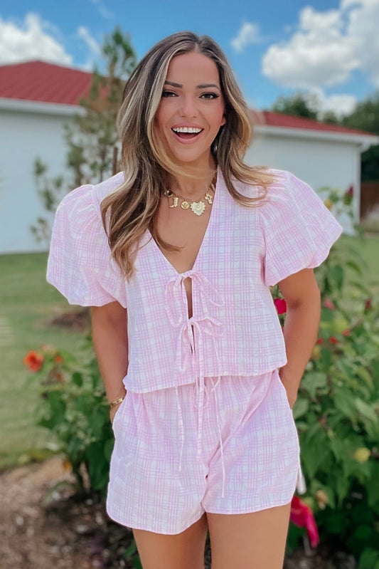 Berkleigh Pink Plaid Bow-Tie Top and Short Set