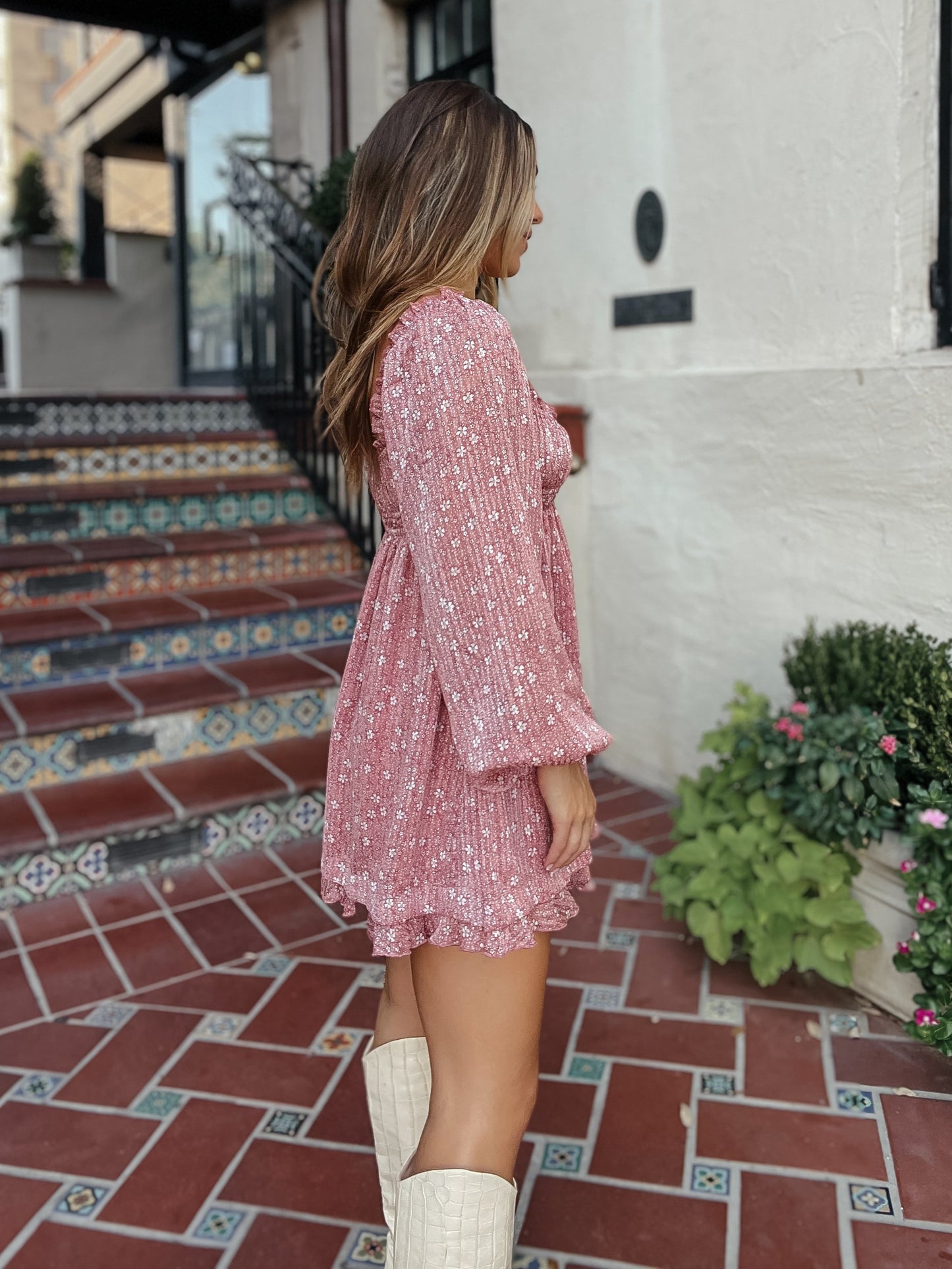 Norah Mauve Floral Boho Mini Dress