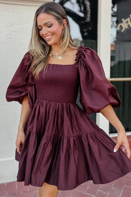 Taylor Oversized Puff Sleeve Maroon Dress