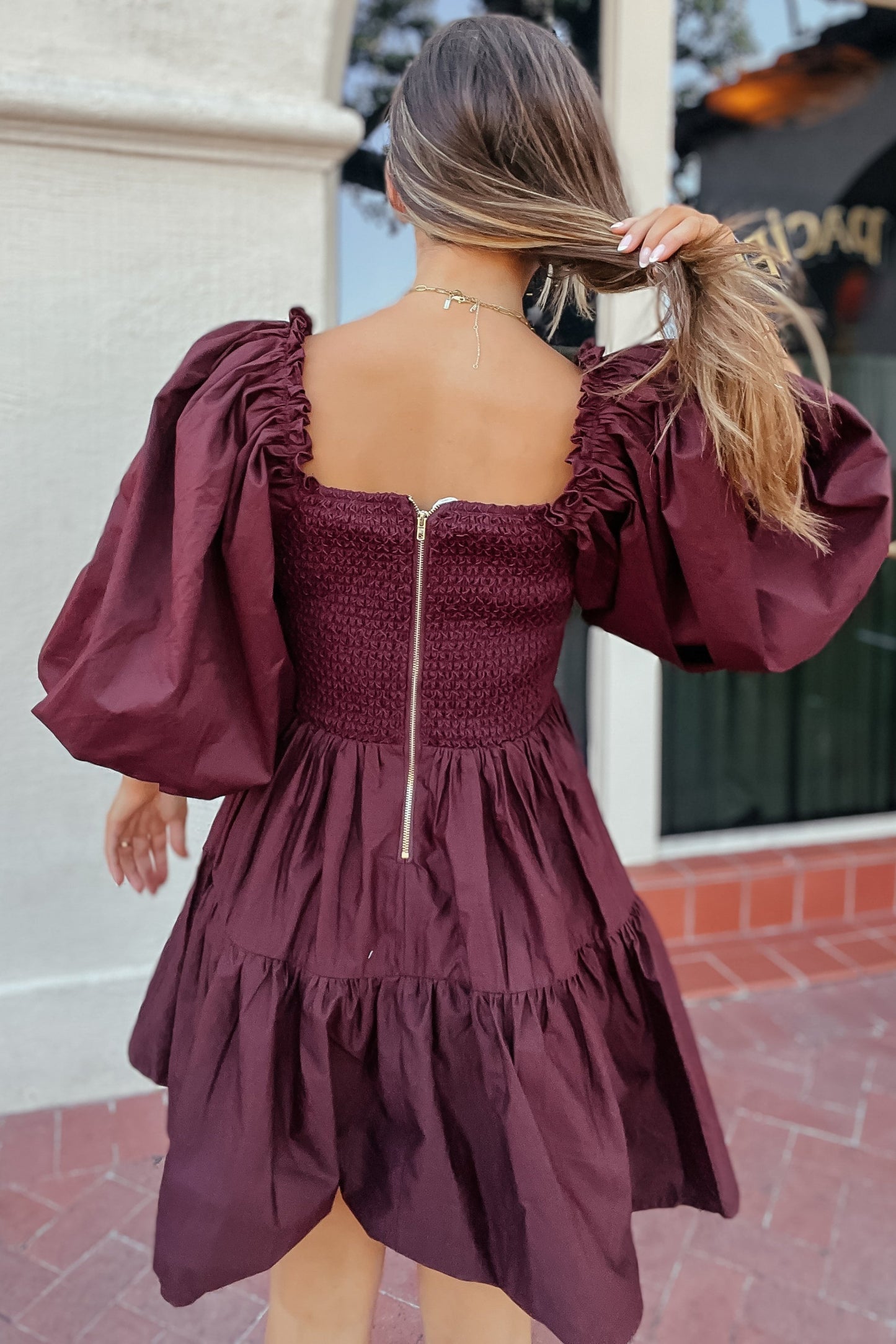 Taylor Oversized Puff Sleeve Maroon Dress