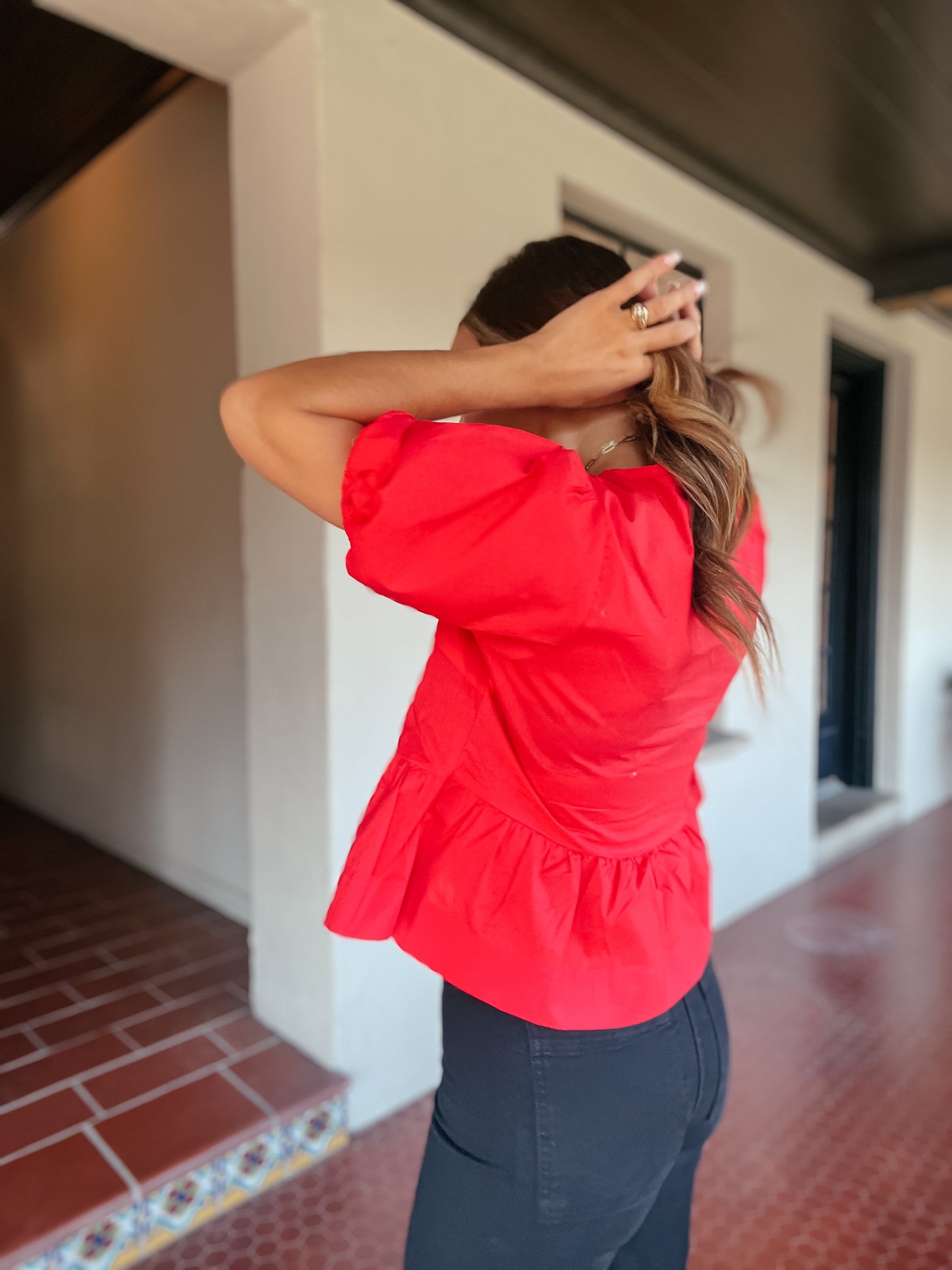 Sevy Red Bow Tie Peplum Top