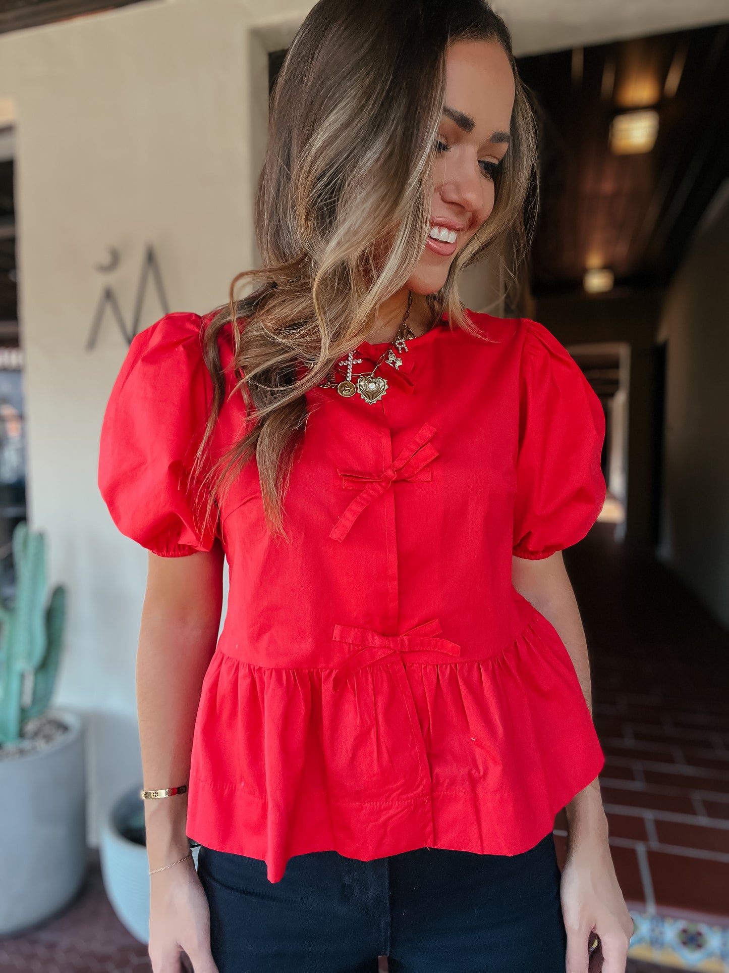 Sevy Red Bow Tie Peplum Top