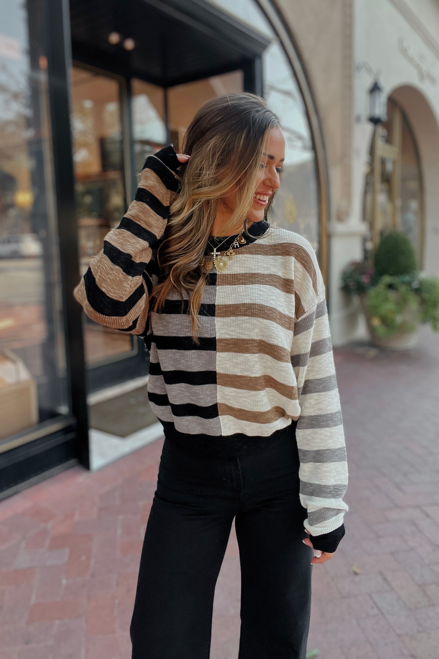 Tess Color Block Black Taupe Tan Striped Sweater