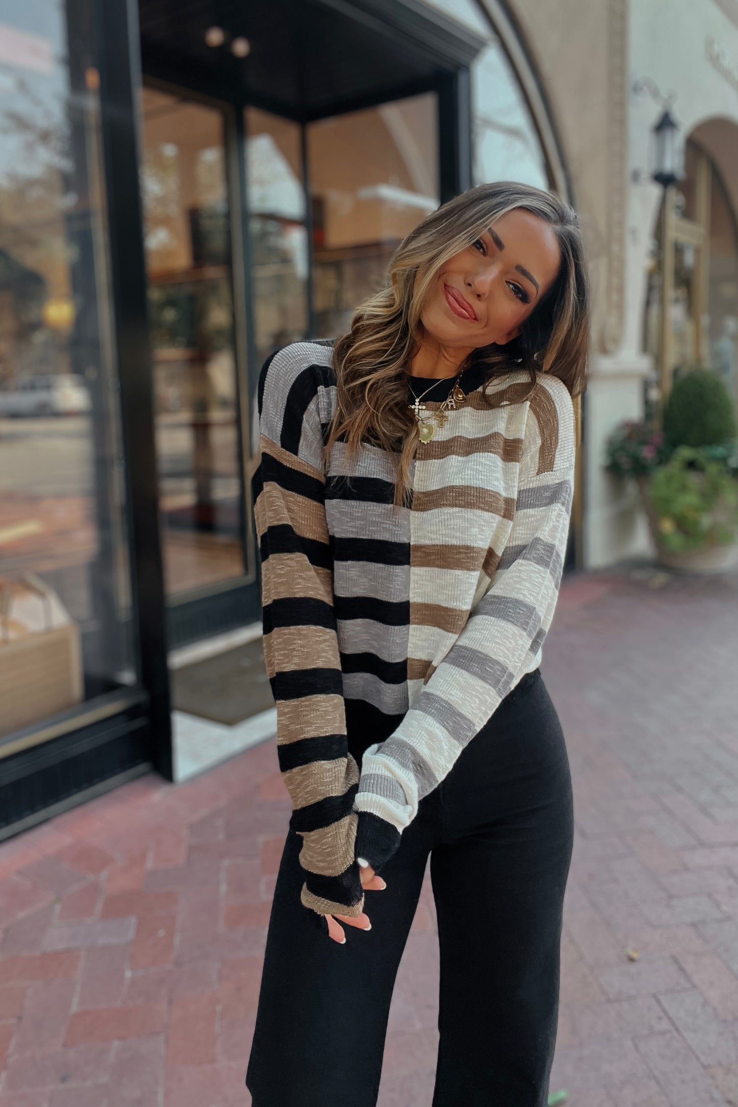 Tess Color Block Black Taupe Tan Striped Sweater