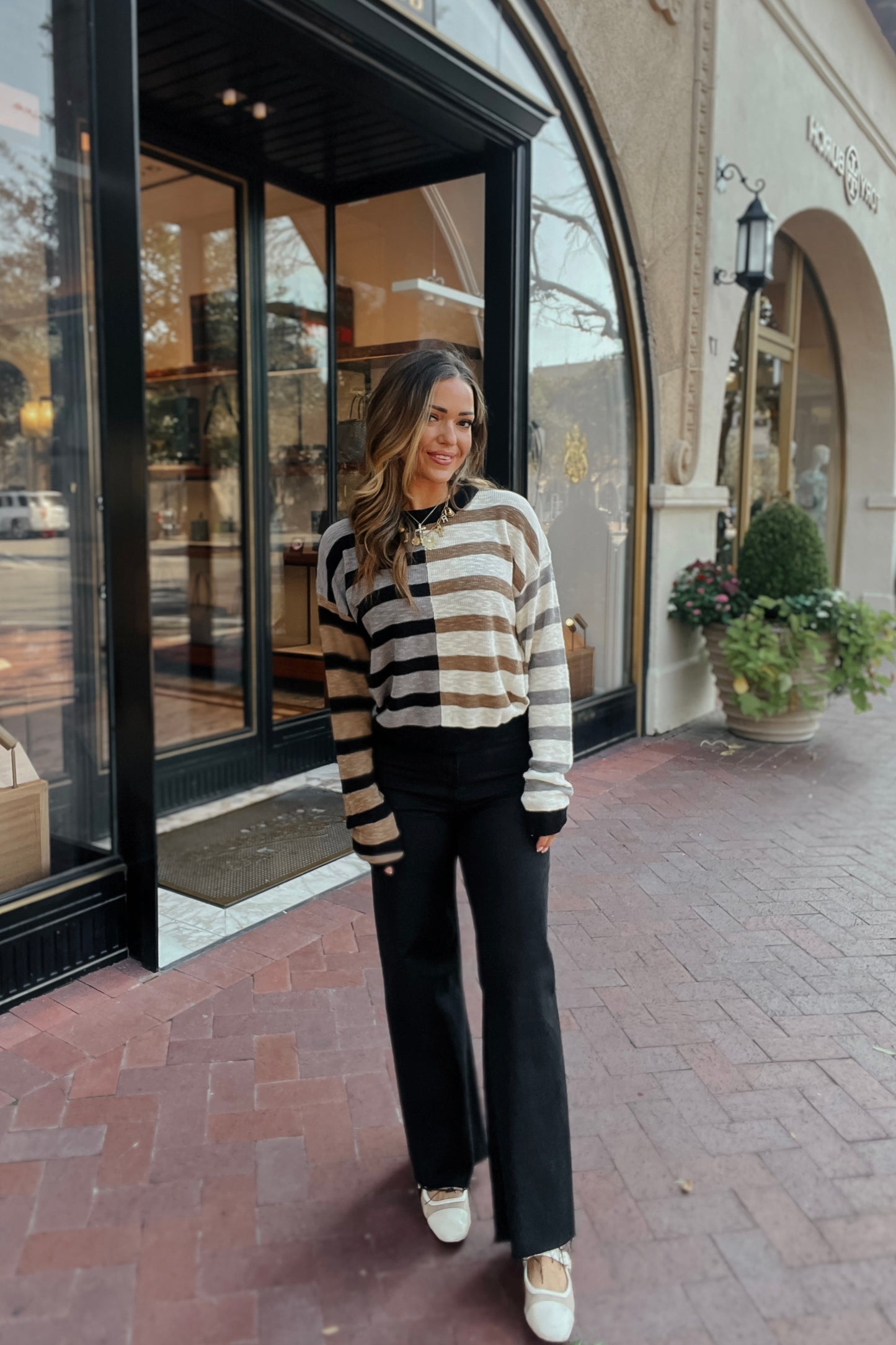 Tess Color Block Black Taupe Tan Striped Sweater