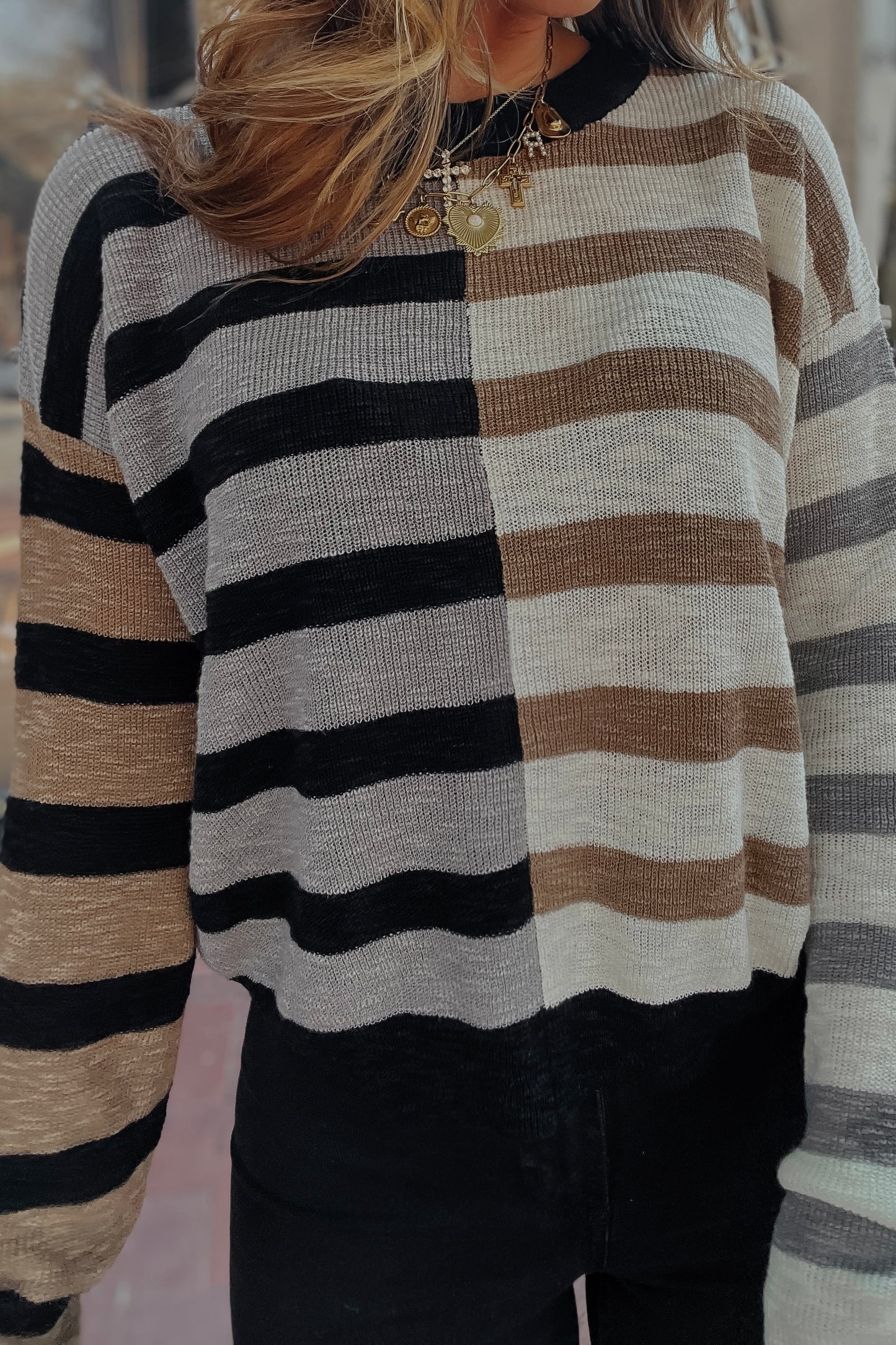 Tess Color Block Black Taupe Tan Striped Sweater