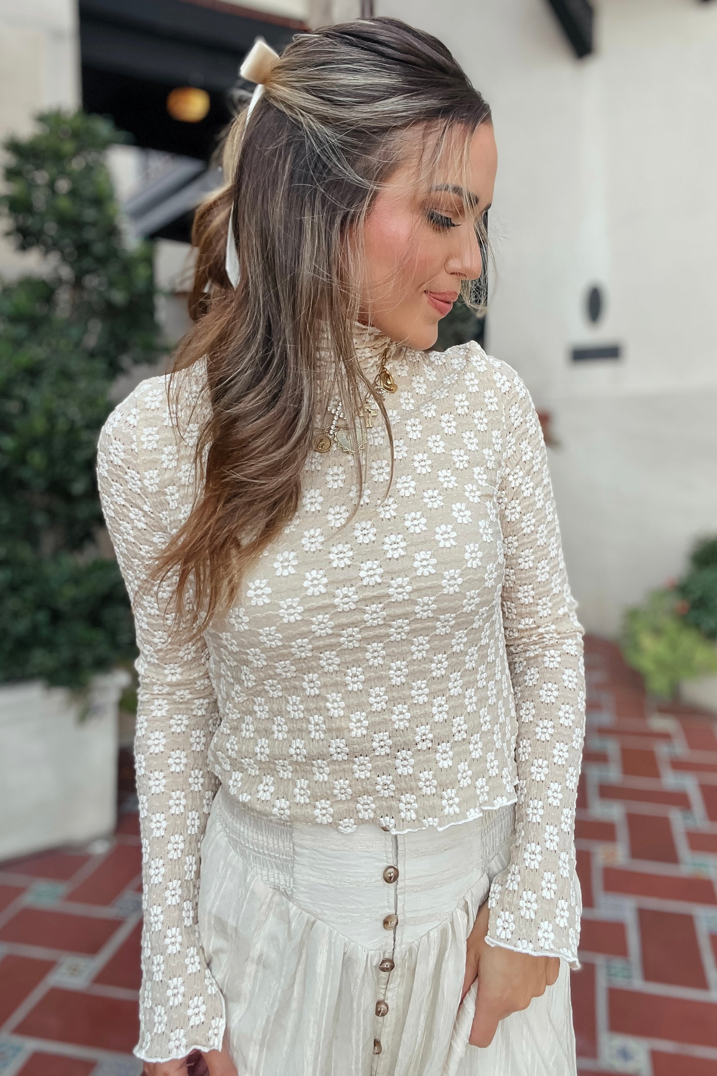 Kristen Taupe and Cream Floral Long Sleeve Top