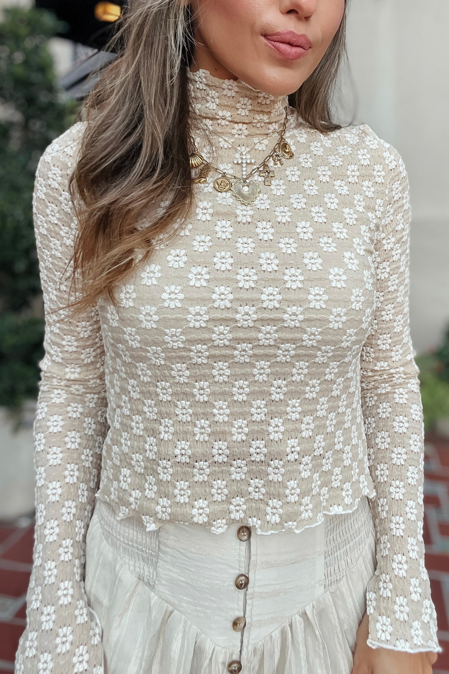 Kristen Taupe and Cream Floral Long Sleeve Top