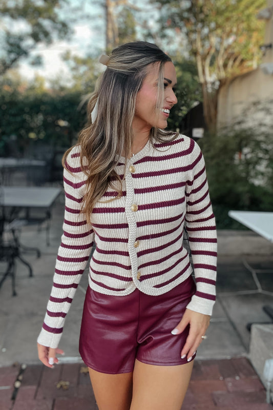 Rory Maroon and Taupe Stripe Button Down Cardigan Sweater