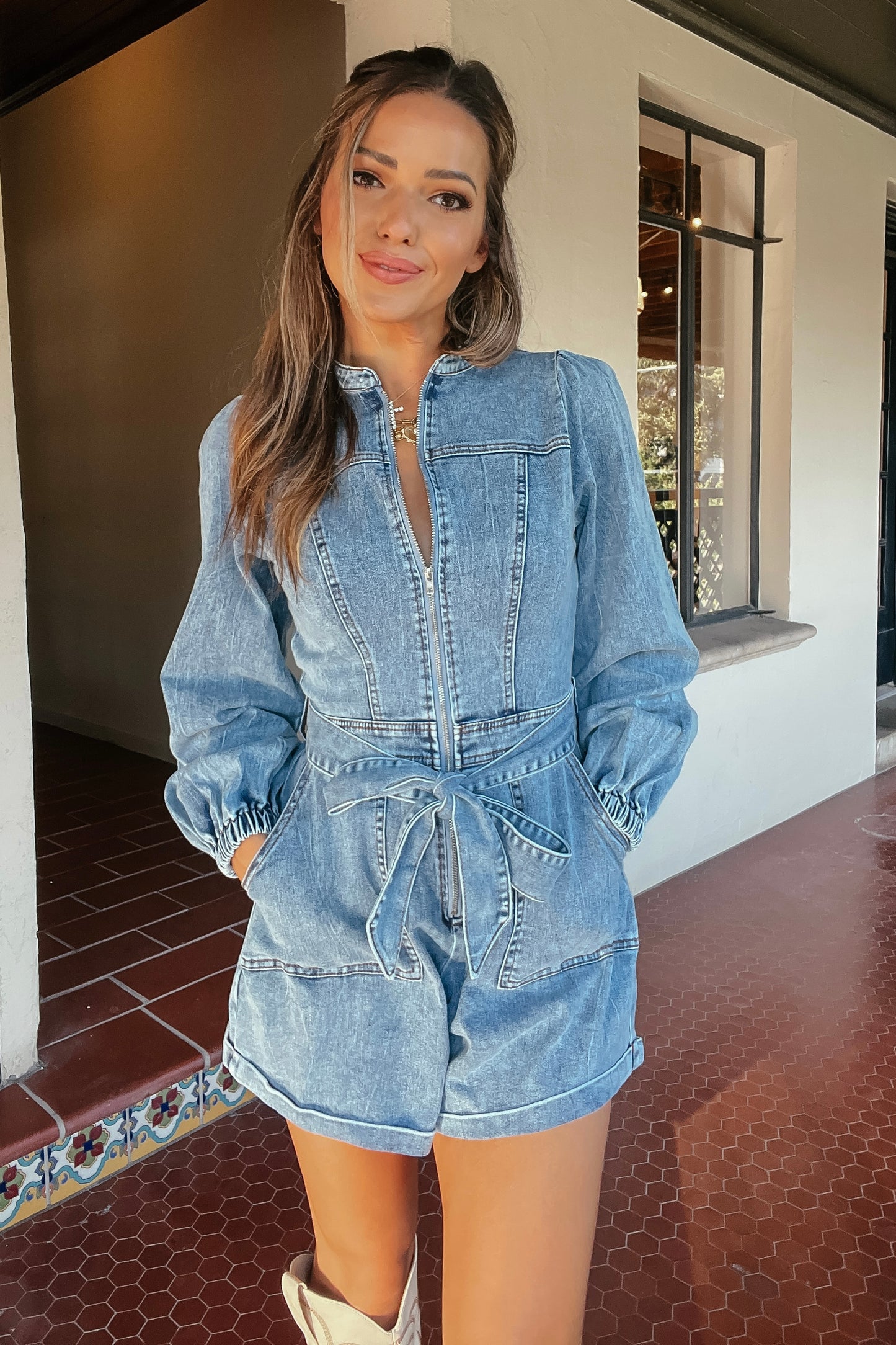 Bailey Long Sleeve Zipper Denim Romper