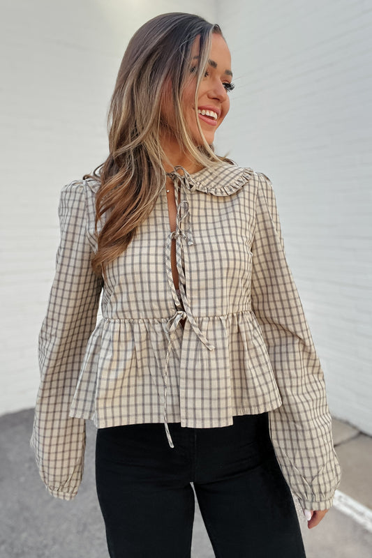 Ashley Khahi Bow Tie Plaid Long Sleeve Top