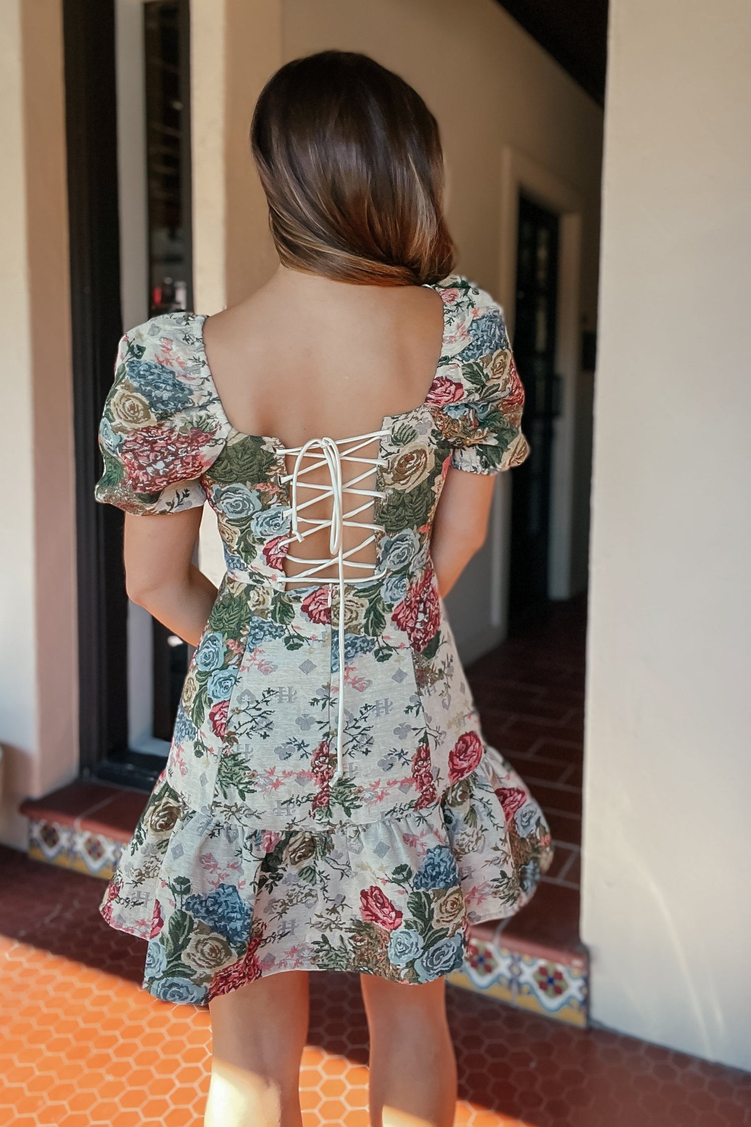 Alexis Jacquard Lace Up Back Puff Sleeve Mini Dress Thomas and Rye Alexis Jacquard Lace Up Back Puff Sleeve Mini Dress Thomas and Rye