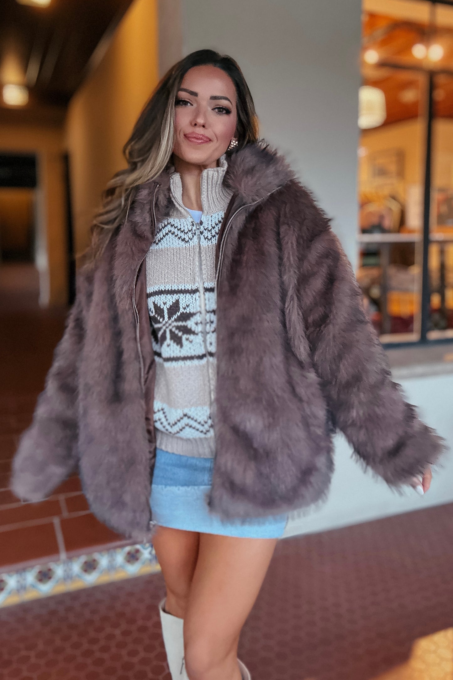 Chocolate Faux Fur Overszied Zipper Coat