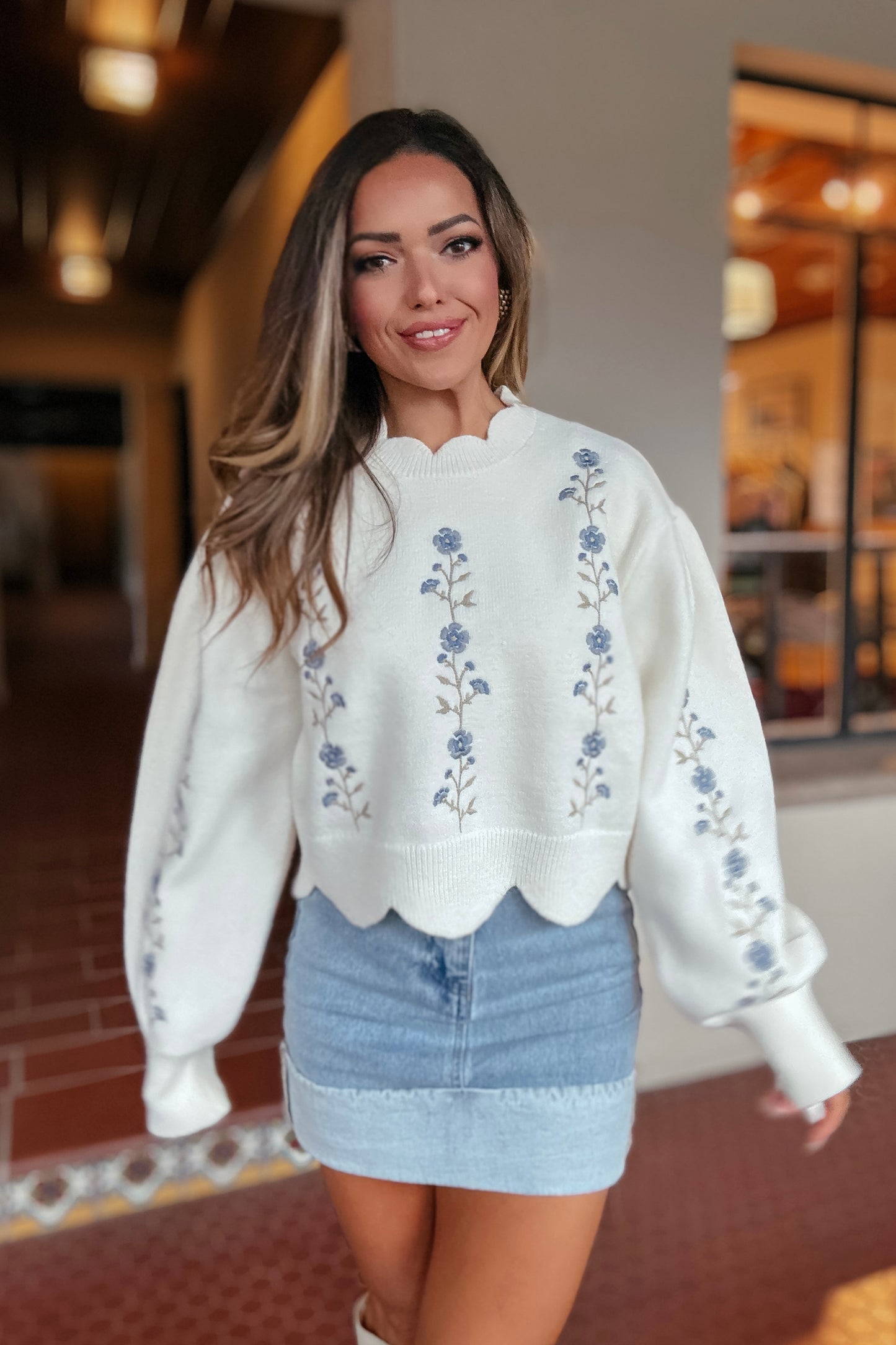 Jordan Floral Embroidered Scallop Hem Cropped Sweater