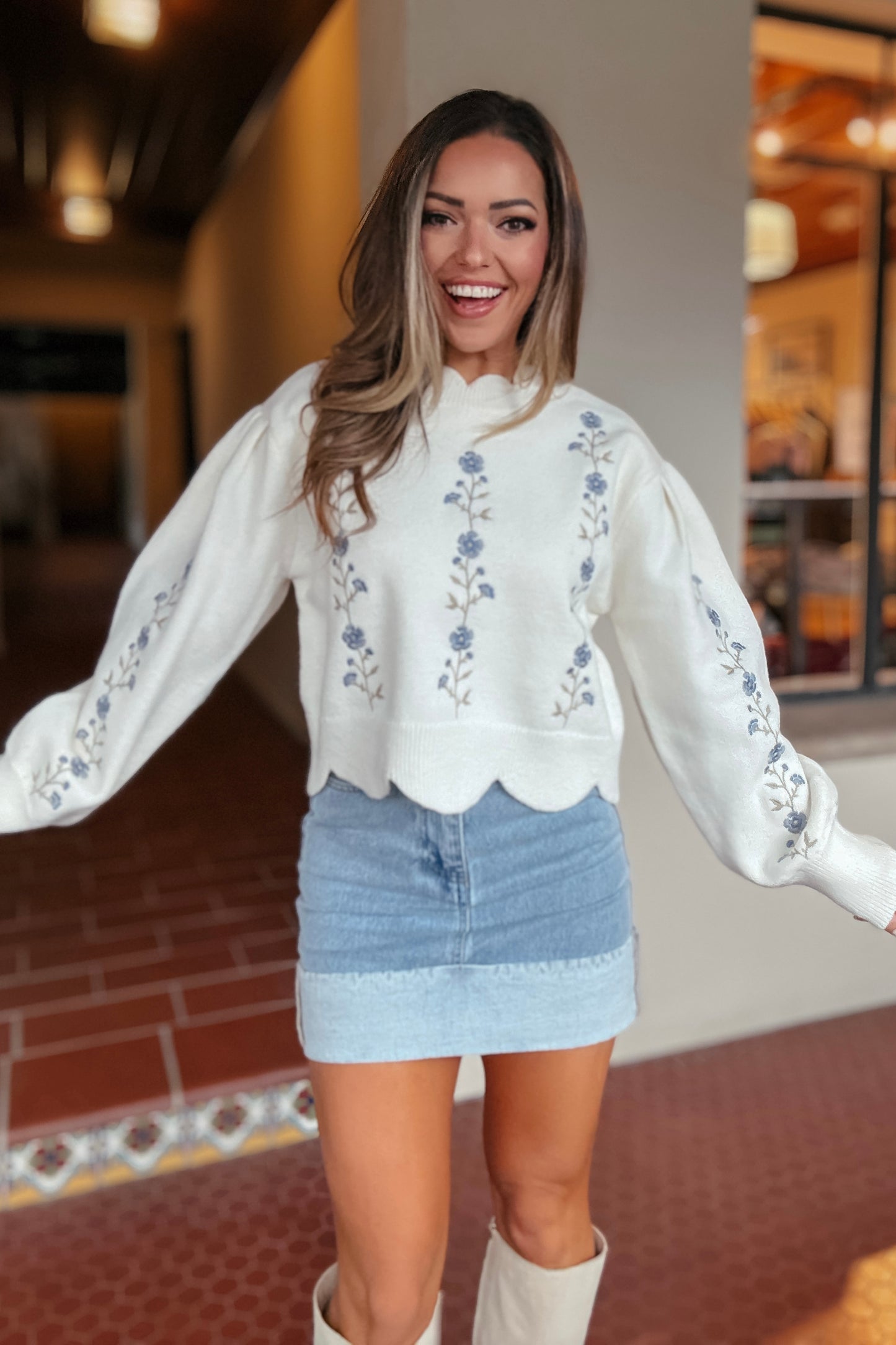 Jordan Floral Embroidered Scallop Hem Cropped Sweater