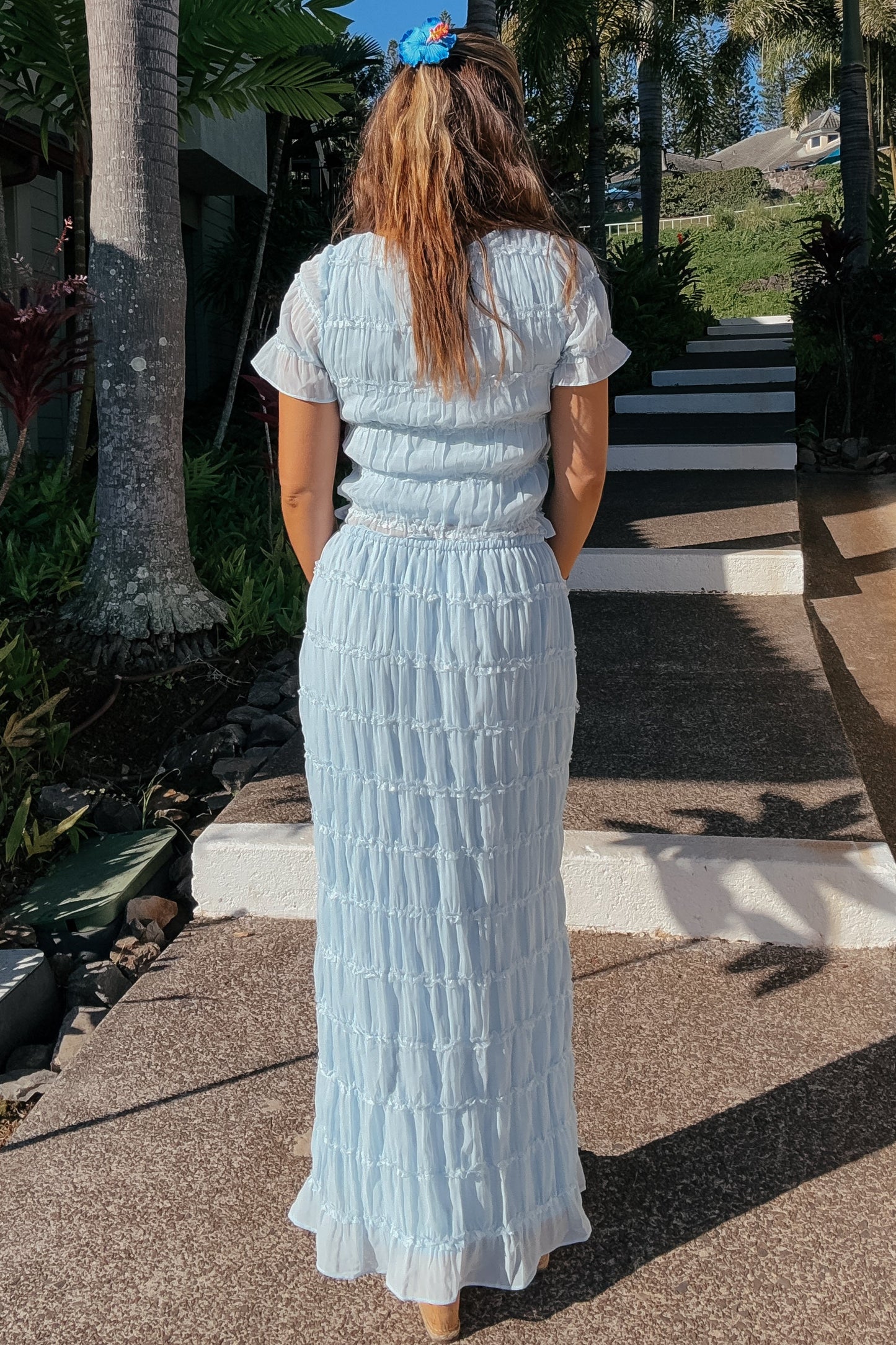 Wavy Baby Blue Ruffle Maxi Skirt Set