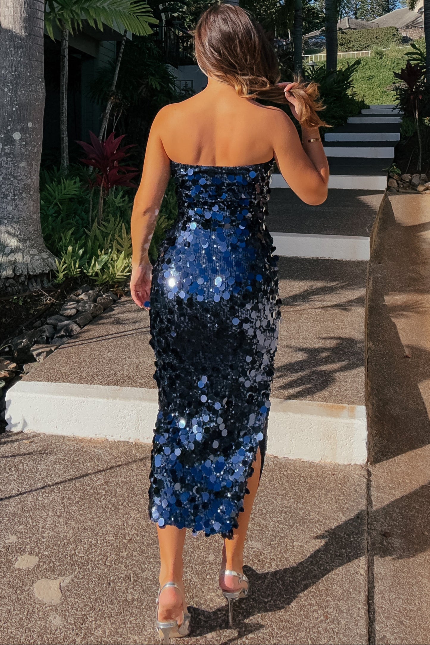 Midnight Ocean Blue Strapless Sequin Bodycon Dress