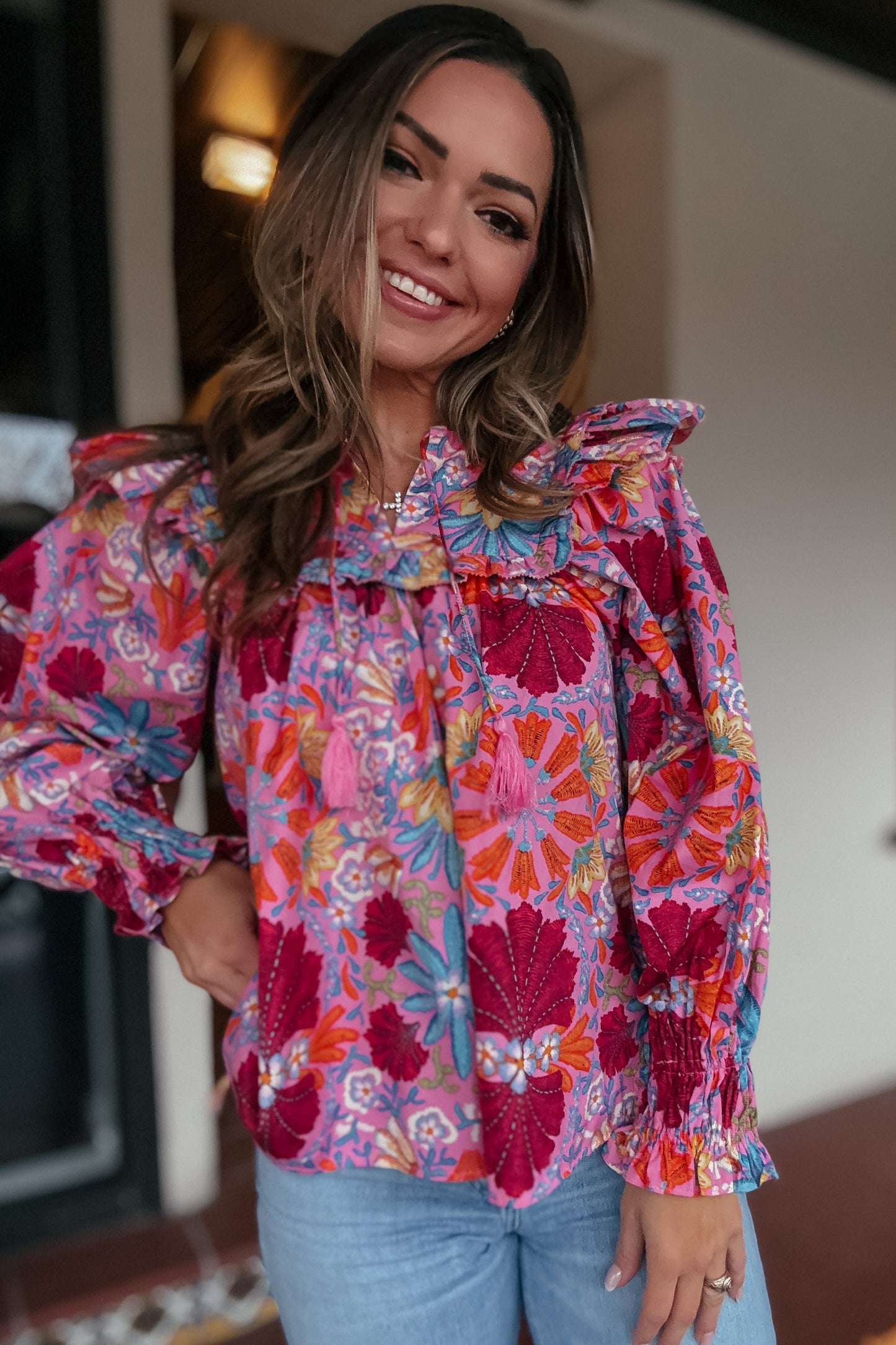 Lola Hot Pink Floral Long Sleeve Top