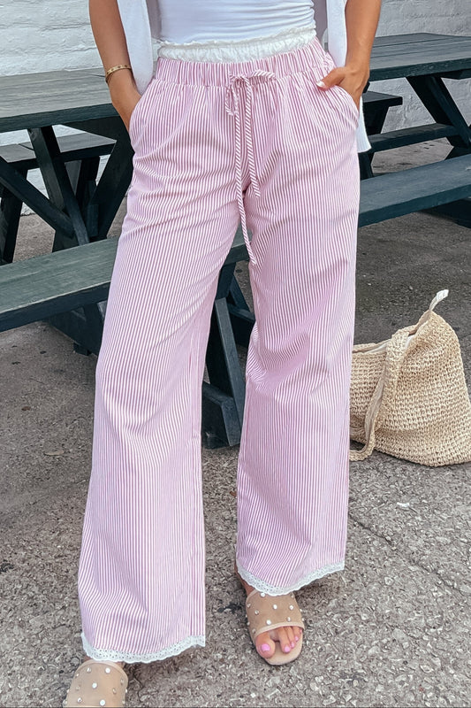 Hamptons Red and White Pin Strip Lace Trim Elastic Pants