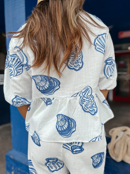 Sam Blue and White Shell Linen Bow-Tie Top