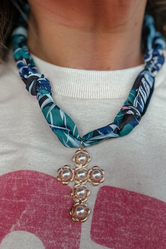 Blue Cross Satin Bandana Necklace
