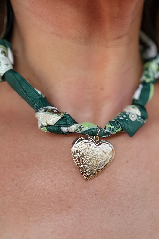 Green + Gold Heart Satin Bandana Necklace