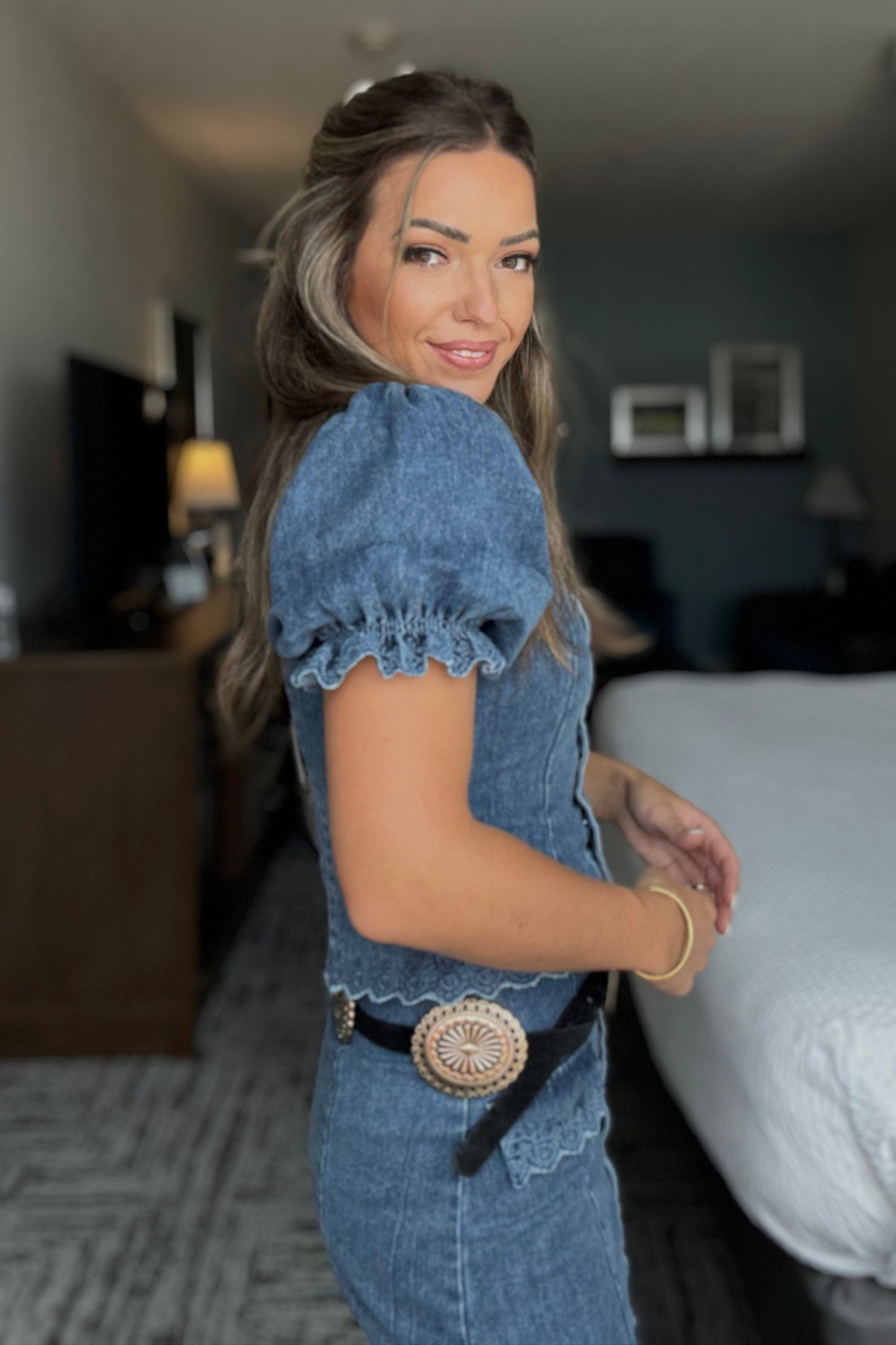 Crew Denim Puff Sleeve Button-Down Top