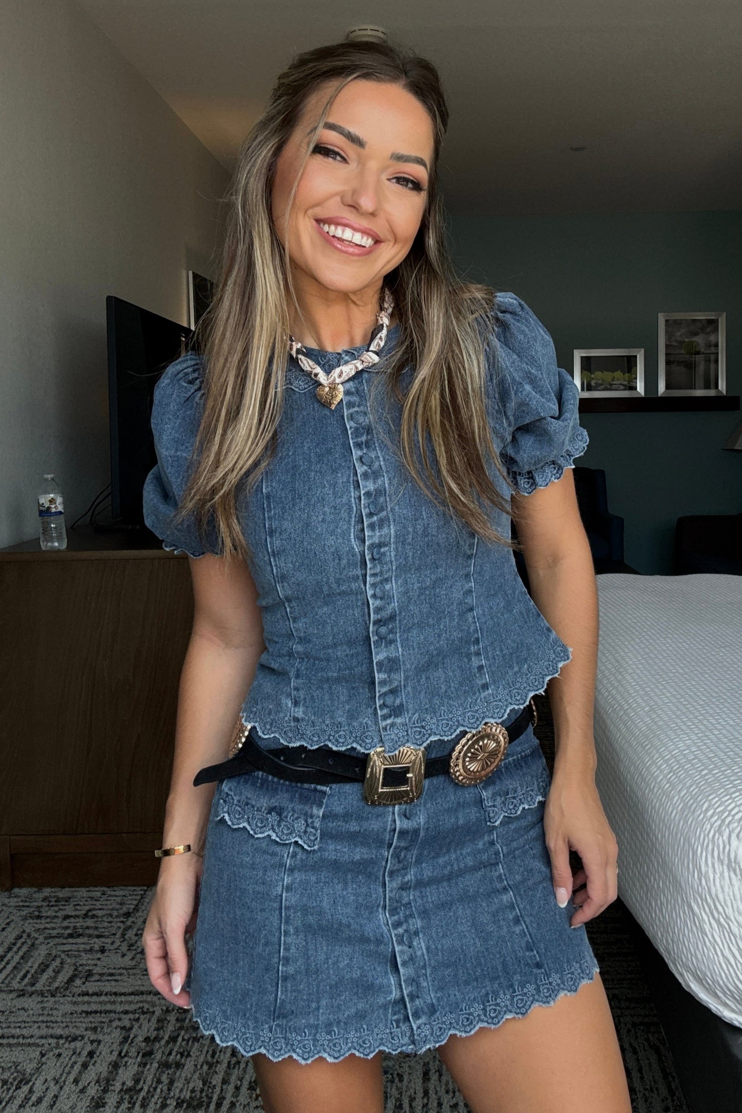 Crew Denim Puff Sleeve Button-Down Top