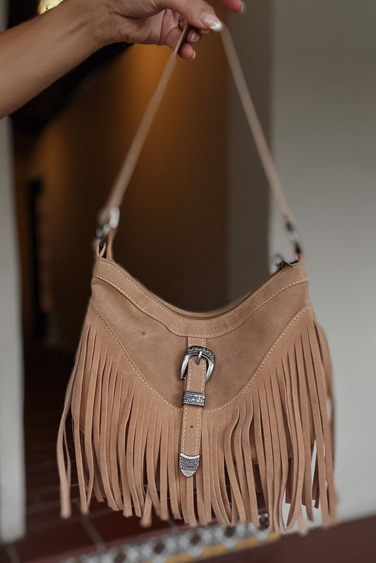 Tan Belted Suede Fringe Purse