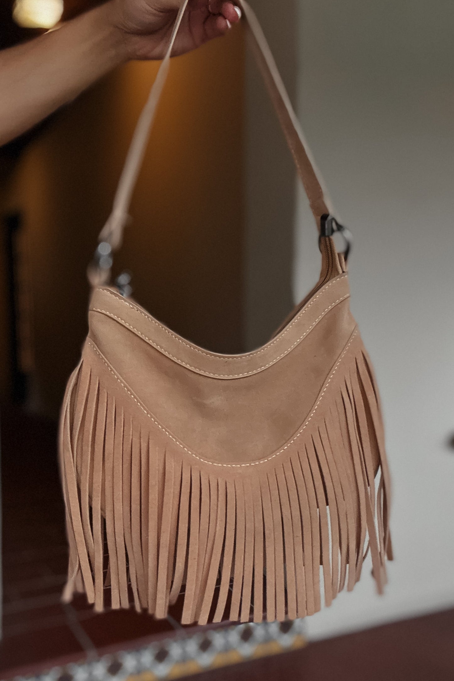 Tan Belted Suede Fringe Purse
