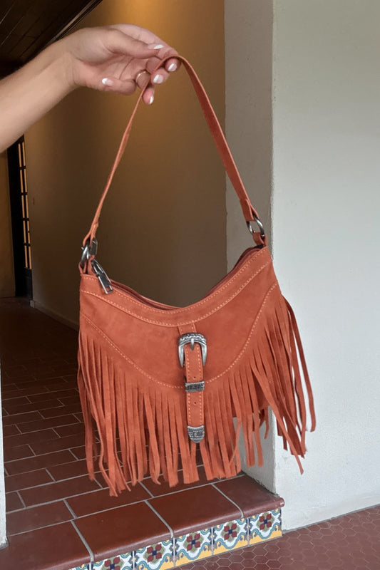 Rust Belted Suede Fringe Purse