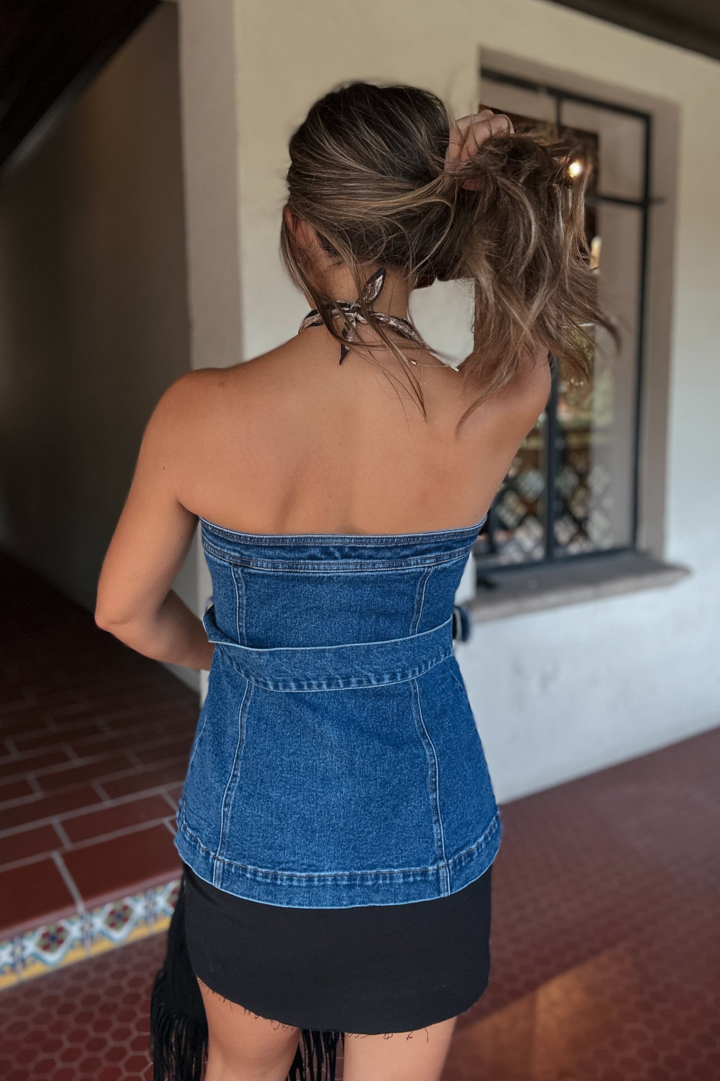 Ryne Denim Belted Button Down Strapless Top
