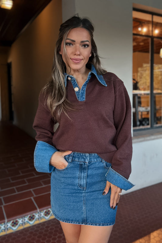 Lauren Chocolate Brown Denim Contrast Sweater