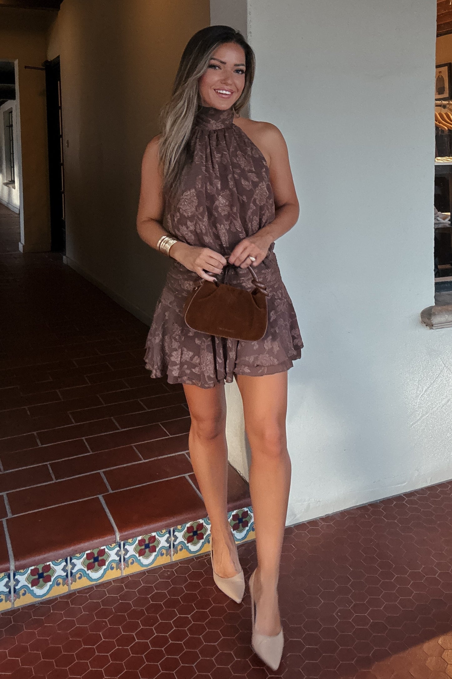 Lyla Chocolate Brown Halter Mini Dress