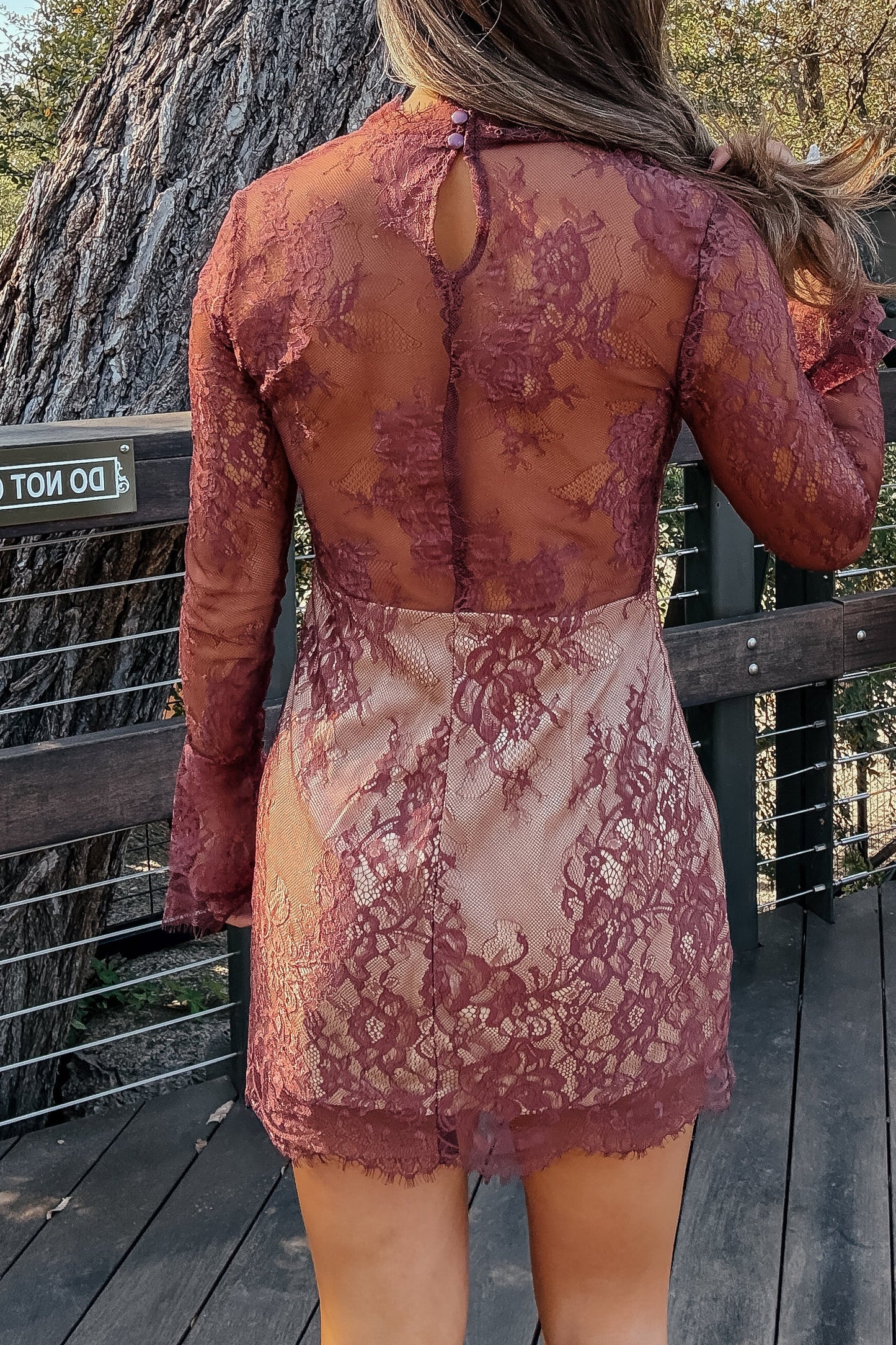 Baxley Chocolate Brown Long Sleeve Lace Mini Dress