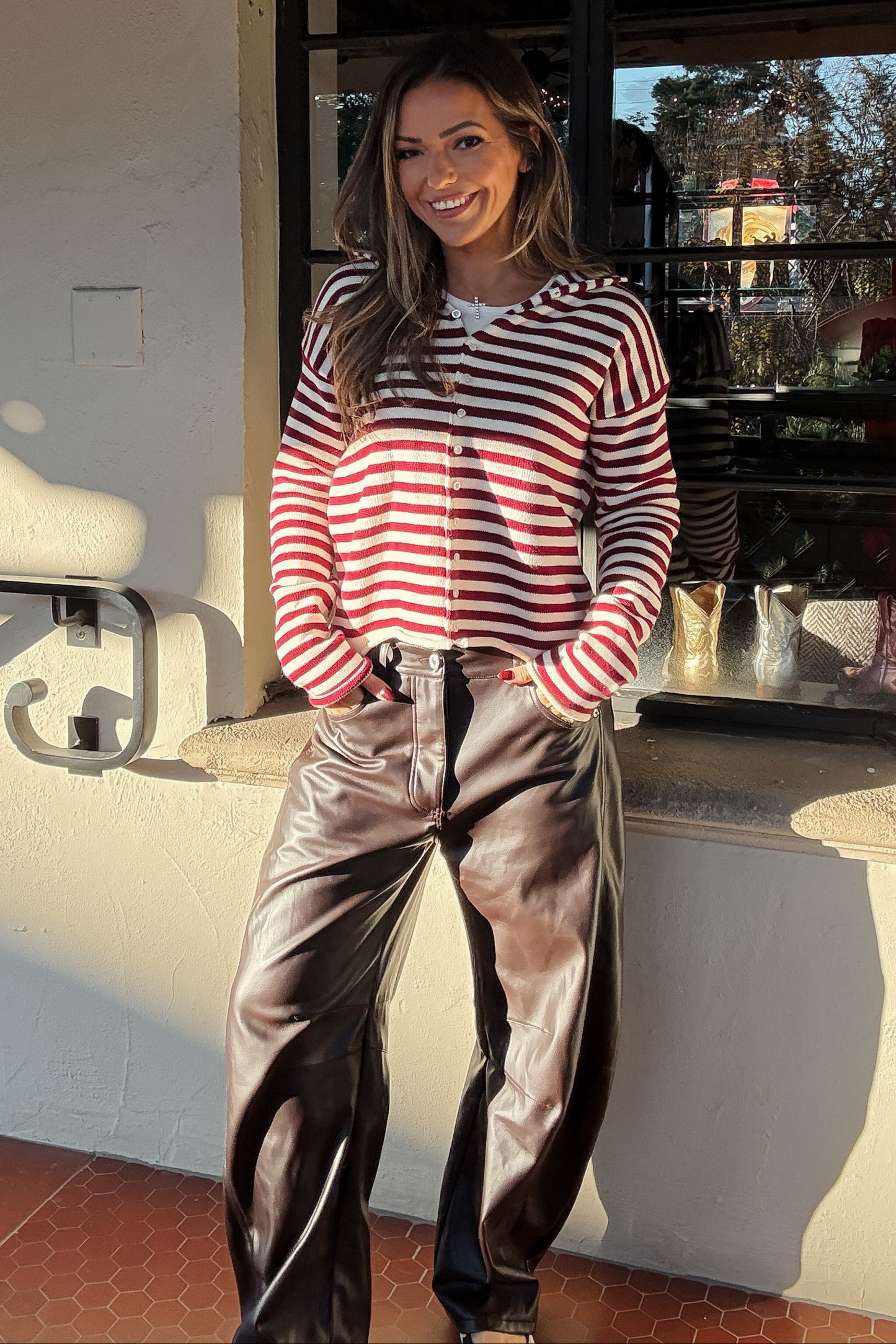 Decker Maroon Striped Button Down Cardigan Sweater