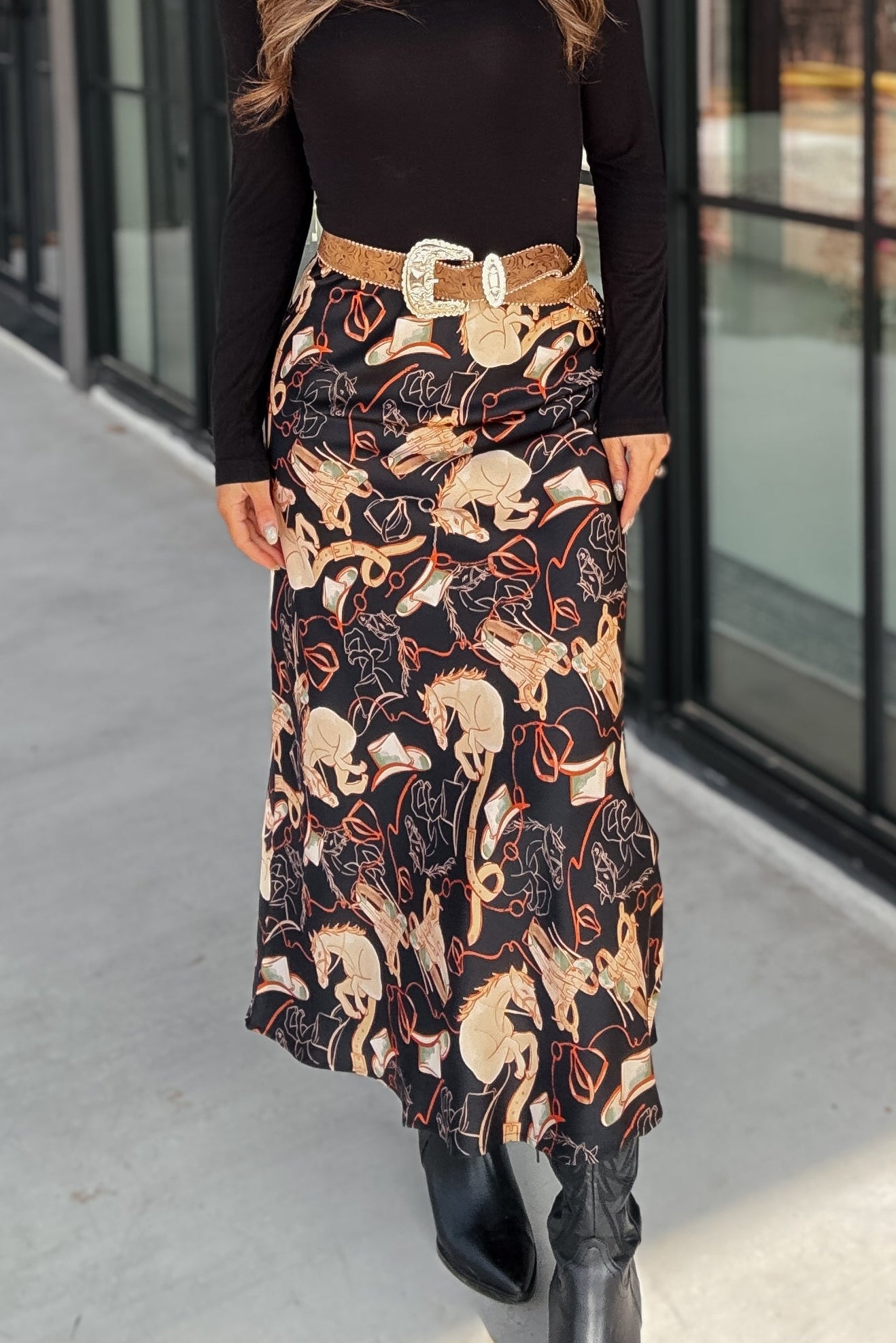 Lainey Western Print Black Satin Maxi Skirt